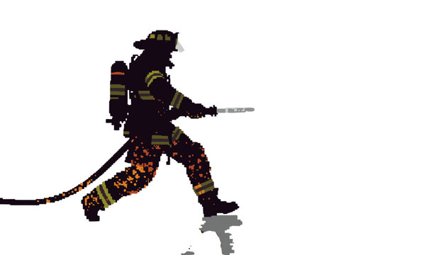 A firefighter in full gear running with a hose on a