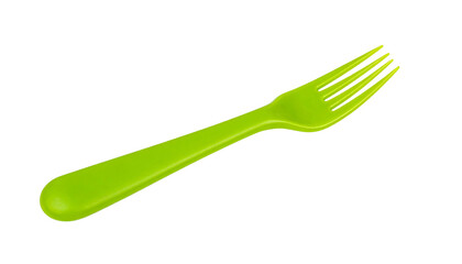 A vibrant, close-up photograph showcasing a single, bright green plastic fork against a stark black background
