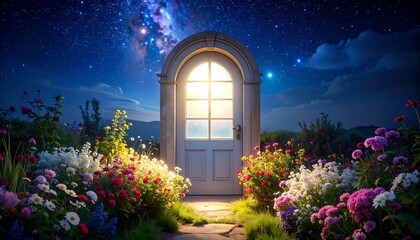 A luminous doorway opens onto a heavenly vista beneath a starlit night. Colorful flowers border the entrance