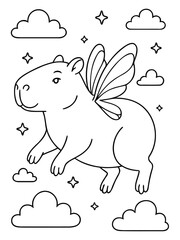 Fototapeta premium Whimsical Flying Capybara Illustration: A delightful illustration of a charming capybara, complete with delicate wings, soaring through a dreamy sky dotted with clouds and twinkling stars.