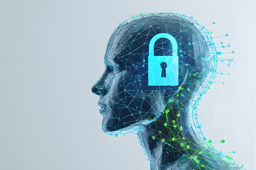 Futuristic Human Head Silhouette with Digital Mesh Network and Cyber Security Padlock Icon