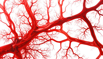 A vibrant, close-up visualization depicts a branching, vascular network with red hues, resembling a biological structure