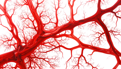 A vibrant, close-up visualization depicts a branching, vascular network with red hues, resembling a biological structure