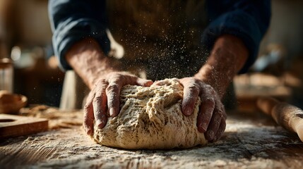 Artisan Bread Dough Kneading Process on Wooden Table