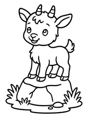 Obraz premium Goat Standing on a Rock: A charming illustration depicts a cute goat perched atop a rugged rock, embodying innocence and curiosity. 