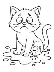 Obraz premium Whimsical Woes: A sketch-style illustration captures a sad feline seated in a pool of mess, showcasing innocence amidst a comical mishap.