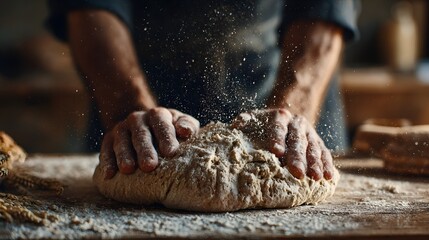 Artisan Bread Dough Kneading Process on Wooden Table