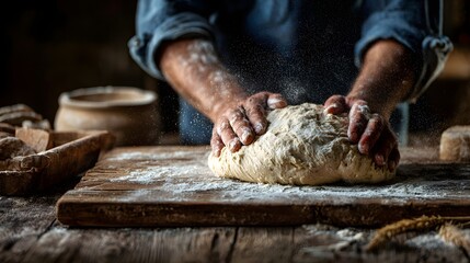 Artisan Bread Dough Kneading Process on Wooden Table