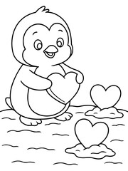 Obraz premium Penguin Holding Heart Illustration: An adorable penguin figure with charming eyes tenderly holds a heart. Two heart-shaped ice sculptures stand next to it, making a symbol of love