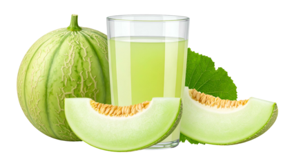 A vibrant composition featuring a cantaloupe, refreshing drink in a glass, and slices. A leaf complements the scene