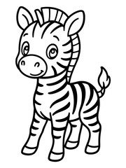 Smiling Zebra: Adorable illustration of a smiling zebra, with a cute demeanor, simple lines, and bold stripes, perfect for children&rsquo;s projects.