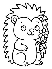 Fototapeta premium Hedgehog Holding Flower: An adorable, cartoon-style hedgehog, delicately holding a delicate flower, radiates warmth and charm.