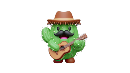 Cartoon Cactus Musician with Guitar and Sombrero