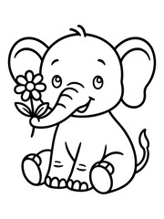 Fototapeta premium Adorable Elephant Holding a Flower: A sweet illustration of a charming elephant cub seated contentedly, delicately clutching a lovely flower, showcasing its inherent cuteness and gentle nature.
