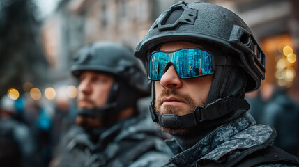 Fototapeta premium Faceless tactical officers wearing helmets and balaclavas on city street, reflective sunglasses visible, crowd control scene, security and law enforcement context, with copy space