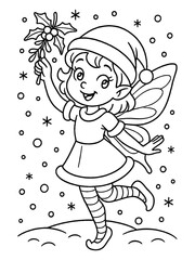 Fototapeta premium Magical Winter Elf: A charming elf, adorned with delicate wings and a festive hat, spreads cheer, holding a mistletoe wand. Delicate snowflakes add a touch of winter magic to this enchanting scene.
