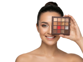 Woman holding eyeshadow palette in front of her eye, smiling, isolated on white background