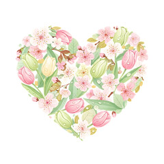 Floral heart shape spring flowers illustration on transparent background