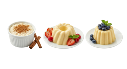 Three Desserts: Rice Pudding, Vanilla Pudding with Berries, and Mousse