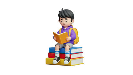 Cartoon boy reading a book while sitting on a stack of books