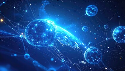 Glowing, connected spheres form network in blue space