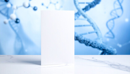 Blank white card in front of DNA double helix structure illustration on blue background with molecular models