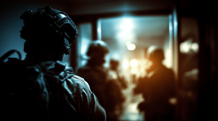 Defocused officers in tactical gear preparing for operation, blurred silhouettes against doorway, law enforcement security scene, crisis situation confrontation, with copy space