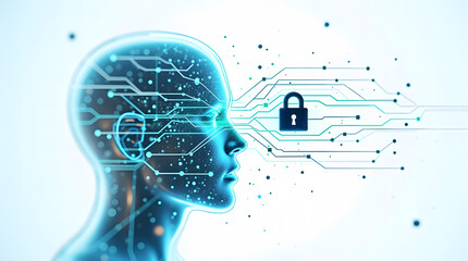 Futuristic Human AI Head with Digital Circuitry and Cyber Security Lock for Data Protection