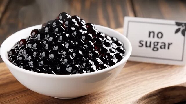 A meticulously composed, close-up shot features a white ceramic bowl filled to the brim with numerous glossy, dark, spherical pearls, likely tapioca, reflecting ambient light with a rich, enticing she