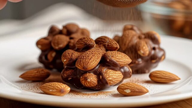 A mouth-watering close-up captures delicious chocolate almond clusters being dusted with fine cocoa powder from above. Elegantly presented on a pristine white plate, with additional loose almonds scat