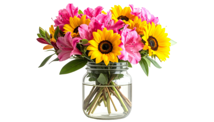 A vibrant floral arrangement in a glass jar. The bouquet features sunflowers, pink lilies, and greenery against a black backdrop