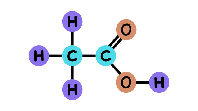 structural formula of acetic acid, molecular shape on white background