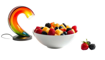 A vibrant fruit salad, illuminated by a colorful arched lamp, sits beside a pair of berries. The composition is set against a black backdrop