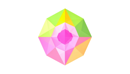 A vibrant, geometric gem floats against a black background. Its multifaceted design showcases a gradient of colors from pink to yellow