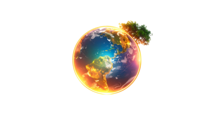A vibrant globe displaying continents, oceans, and a blazing atmospheric ring. A small, stylized tree sits nearby, symbolic