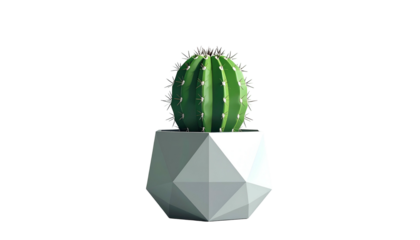A vibrant green cactus sits within a geometric white pot against a solid black background. Simple, minimalist design emphasizes the plant