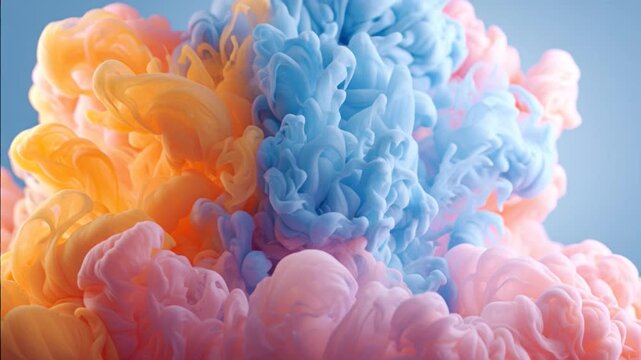 Vibrant swirling clouds of colorful ink mixing in water, abstract fluid art, close-up view in bright studio environment
