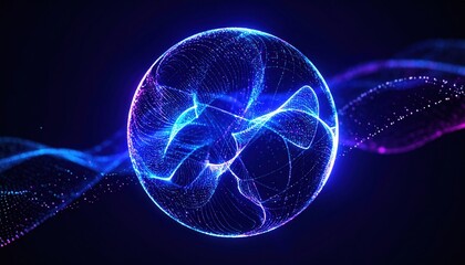 Abstract Luminous Digital Sphere with Glowing Particles and Wavy Lines on Dark Background. Futuristic Technology and Data Visualization.