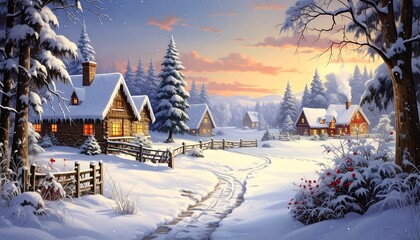 Fototapeta premium A serene winter scene with snow-covered cabins nestled amid a snowy field and frosted trees at sunset