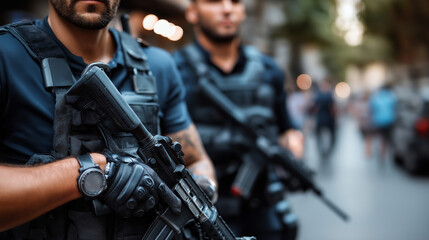 Faceless tactical team members moving through urban streets, firearms ready, security operation scene, law enforcement coordination, emergency response action, with copy space