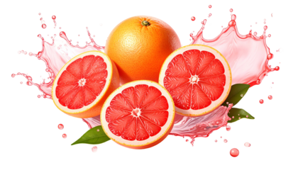 A vibrant image of fresh citrus fruit slices and whole fruit, with a splash of juice and green leaves on a black background