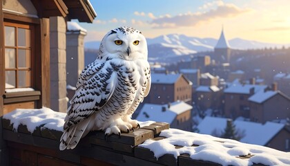 A snowy owl perches on a snow-covered wooden ledge, overlooking a village with snow-capped mountains. The sun shines