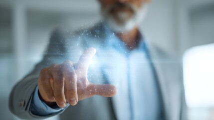 A middle-aged businessman in a suit interacting with a futuristic digital interface