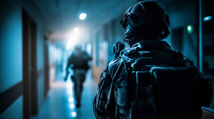 Faceless armed personnel silhouette in hallway, defocused tactical figure, law enforcement operation, security patrol scene, dramatic corridor lighting, with copy space