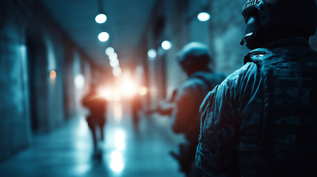 Faceless armed personnel silhouette in hallway, defocused tactical figure, law enforcement operation, security patrol scene, dramatic corridor lighting, with copy space
