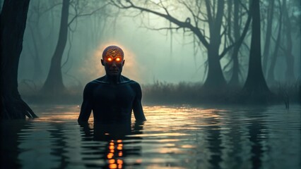 Naklejka premium Glowing Eyed Creature Emerging From Dark Swamp Water