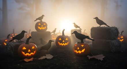 Mystical Halloween Scene with Glowing Pumpkins and Raven Silhouettes