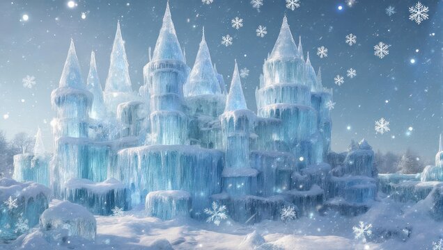 Majestic ice castle glistens under a snowfall, a winter wonderland of crystalline structures