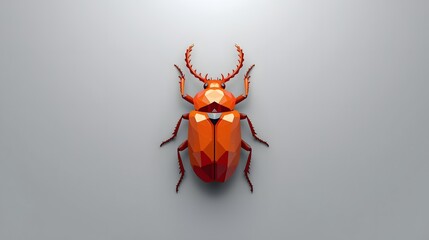 A vibrant red-orange beetle with a polygonal geometric shape and intricate details is prominently displayed on a soft gray background