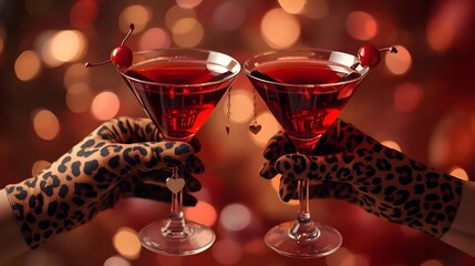 two elegant martini glasses clinking together in the center of the frame. The glasses are filled with a deep ruby red cocktail with smooth reflections and realistic transparency